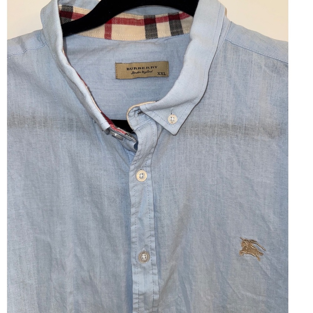Burberry London England Mens XXL Light Blue Button Down Shirt Nova Check Trim